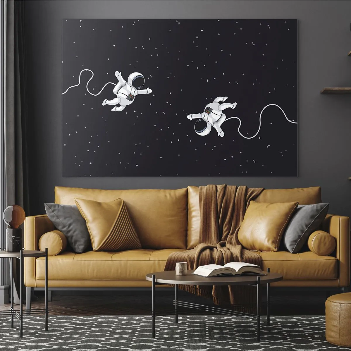 Glasbild - Bild auf glas - Zwei Astronauten schweben im Weltraum - 120x80cm - Kosmischer Tanz - Moderne Wanddekoration für Wohnzimmer und Schlafzimmer ARTTOR
