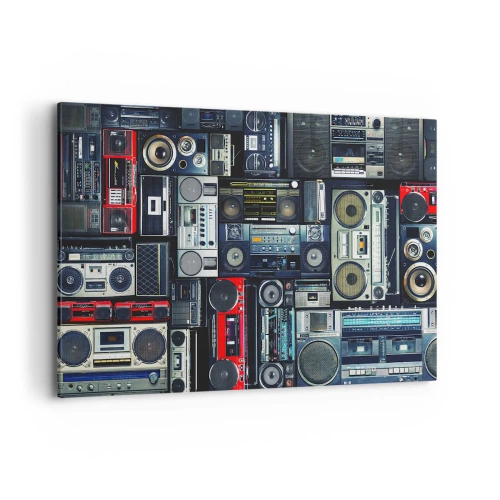 Bild auf Leinwand - Leinwandbild - Eine Collage aus Retro-Tonbandgeräten und Vintage-Lautsprechern. - 120x80cm - Sehnsucht nach den 1980er Jahren - Moderne Wanddekoration für Wohnzimmer und Schlafzimmer ARTTOR