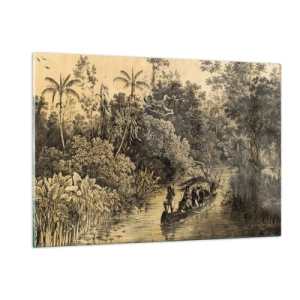 Glasbild - Bild auf glas - Retro-Druck, der eine Reise durch den Dschungel darstellt - 120x80cm - Expedition zur Quelle - Moderne Wanddekoration für Wohnzimmer und Schlafzimmer ARTTOR