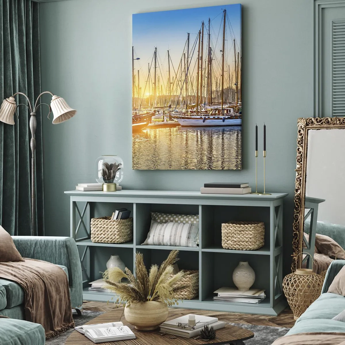 Bild auf Leinwand - Leinwandbild - Sonnenuntergang über einem Yachthafen voller Segelboote - 80x120cm - Der Wind muss auch schlafen - Moderne Wanddekoration für Wohnzimmer und Schlafzimmer ARTTOR