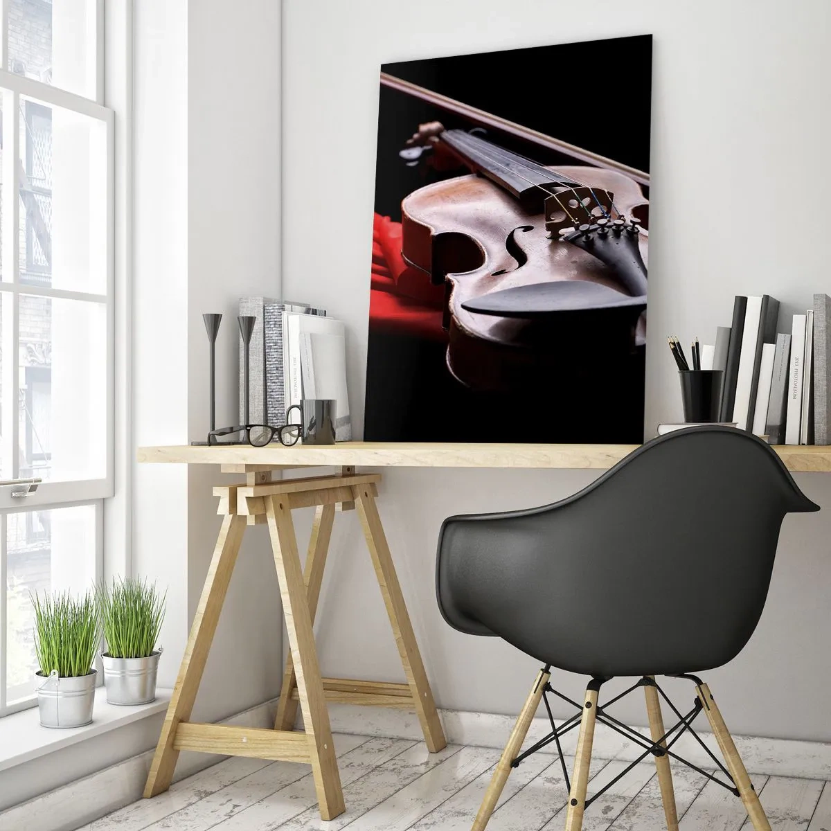 Glasbild - Bild auf glas - Geige auf rotem Stoff mit schwarzem Hintergrund - 80x120cm - Musik der Gefühle - Moderne Wanddekoration für Wohnzimmer und Schlafzimmer ARTTOR