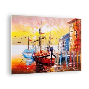 Glasbild - Bild auf glas - Bunte Segelboote bei Sonnenuntergang - 70x50cm - Glückliche Rückkehr - Moderne Wanddekoration für Wohnzimmer und Schlafzimmer ARTTOR