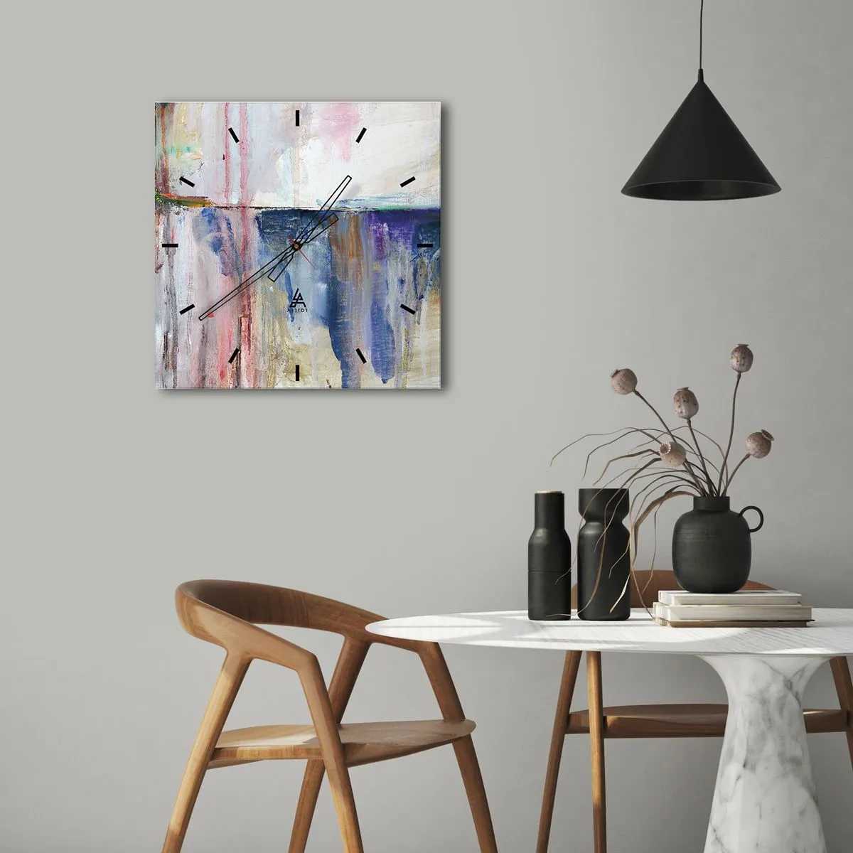 Wanduhr - Glasuhr - Eine abstrakte Farbkomposition mit Reflexionseffekt auf der Leinwand. - 30x30cm - Bunte Eindrücke und Assoziationen - Moderne Wanddekoration für Wohnzimmer und Schlafzimmer ARTTOR