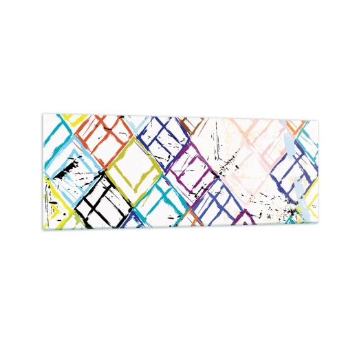 Glasbild - Bild auf glas - Bunte Abstraktion mit geometrischen Formen auf weißem Hintergrund - 140x50cm - Zellen zu vermieten - Moderne Wanddekoration für Wohnzimmer und Schlafzimmer ARTTOR
