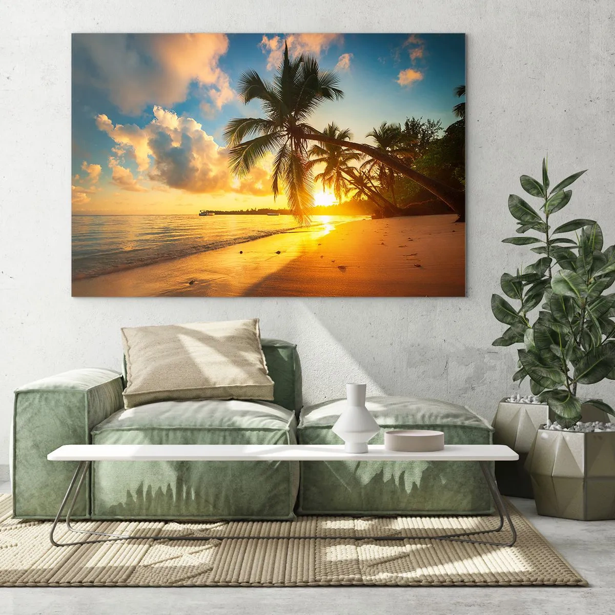 Glasbild - Bild auf glas - Tropischer Strand mit Palmen bei Sonnenuntergang - 70x50cm - Karibischer Traum - Moderne Wanddekoration für Wohnzimmer und Schlafzimmer ARTTOR