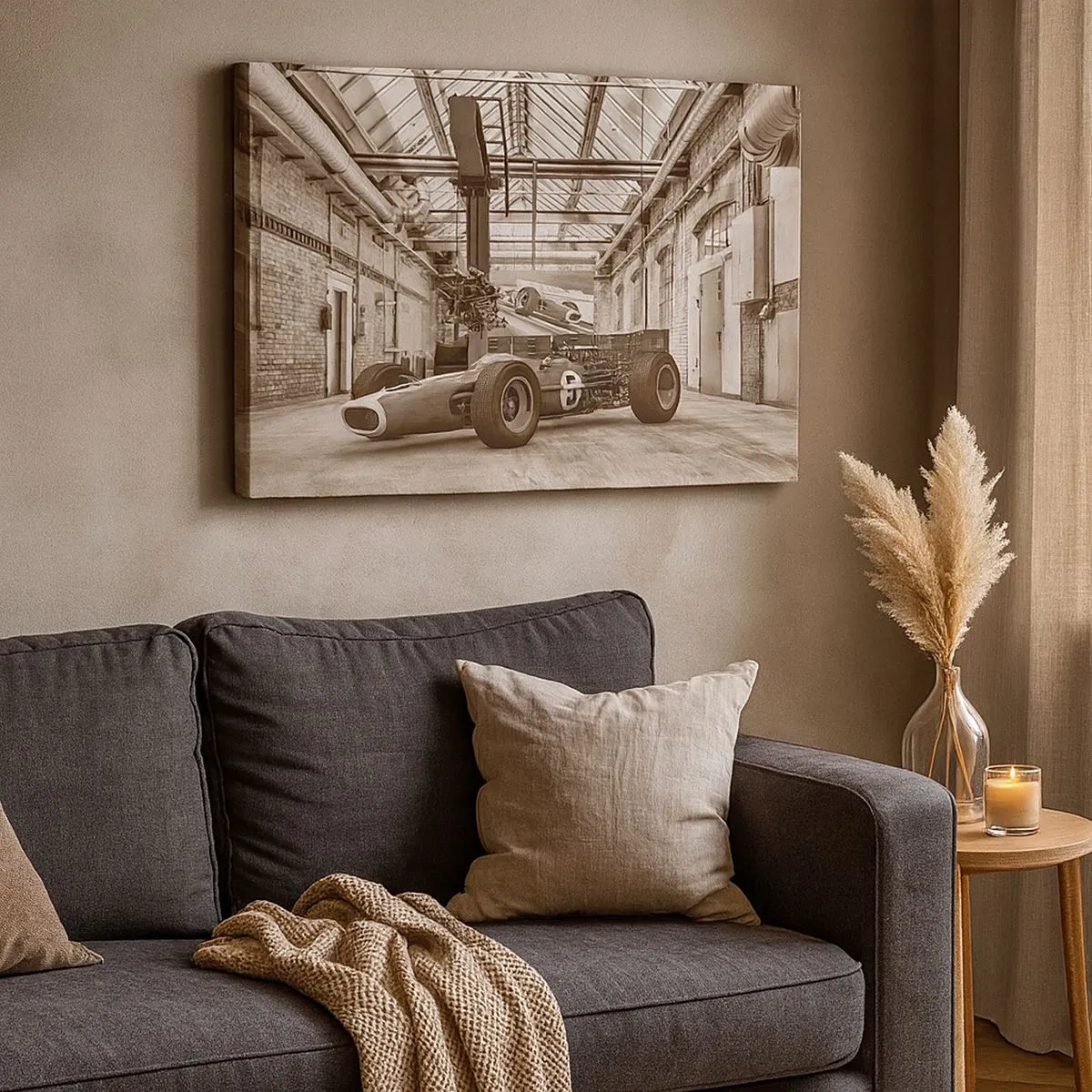Bild auf Leinwand - Leinwandbild - Schwarz-weißer Rennwagen in einem industriellen Interieur - 70x50cm - Die Siegerruhe - Moderne Wanddekoration für Wohnzimmer und Schlafzimmer ARTTOR