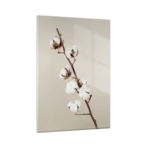 Glasbild - Bild auf glas - Ein Baumwollzweig auf hellem, minimalistischem Hintergrund - 50x70cm - An der Quelle der Weichheit - Moderne Wanddekoration für Wohnzimmer und Schlafzimmer ARTTOR