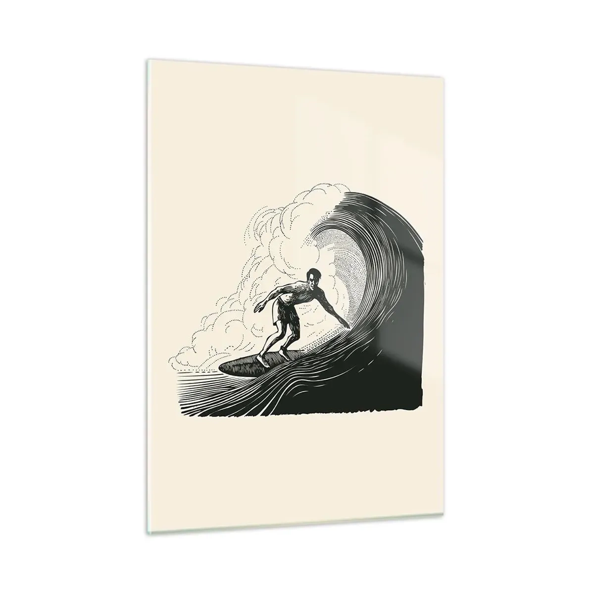 Glasbild - Bild auf glas - Surfer reitet auf einer hohen Welle im Retro-Zeichenstil - 50x70cm - König der Welle - Moderne Wanddekoration für Wohnzimmer und Schlafzimmer ARTTOR