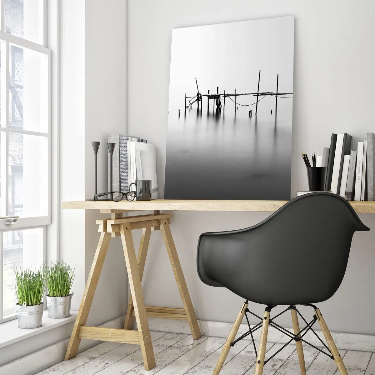 Glasbild - Bild auf glas - Ein schwarz-weißer Steg auf einer ruhigen Wasseroberfläche - 50x70cm - Was ist, wenn es keine Welt gibt? - Moderne Wanddekoration für Wohnzimmer und Schlafzimmer ARTTOR