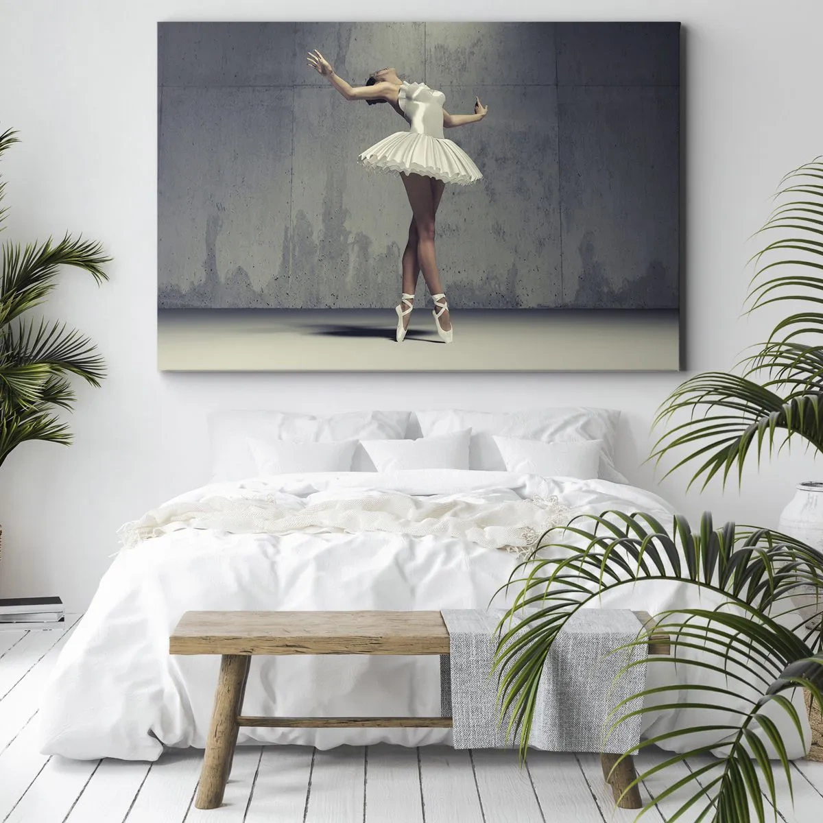 Bild auf Leinwand - Leinwandbild - Eine Balletttänzerin in einem weißen Kleid vor einer rohen Wand. - 120x80cm - Leicht wie ein Vogel - Moderne Wanddekoration für Wohnzimmer und Schlafzimmer ARTTOR