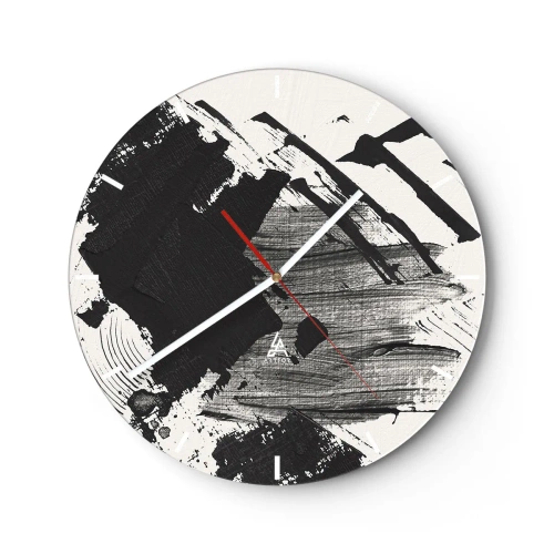 Wanduhr - Glasuhr - Dynamische Schwarz-Weiß-Abstraktion mit breiten Strichen - 30x30cm - Abstraktion – Ausdruck von Schwarz - Moderne Wanddekoration für Wohnzimmer, Küche und Schlafzimmer ARTTOR