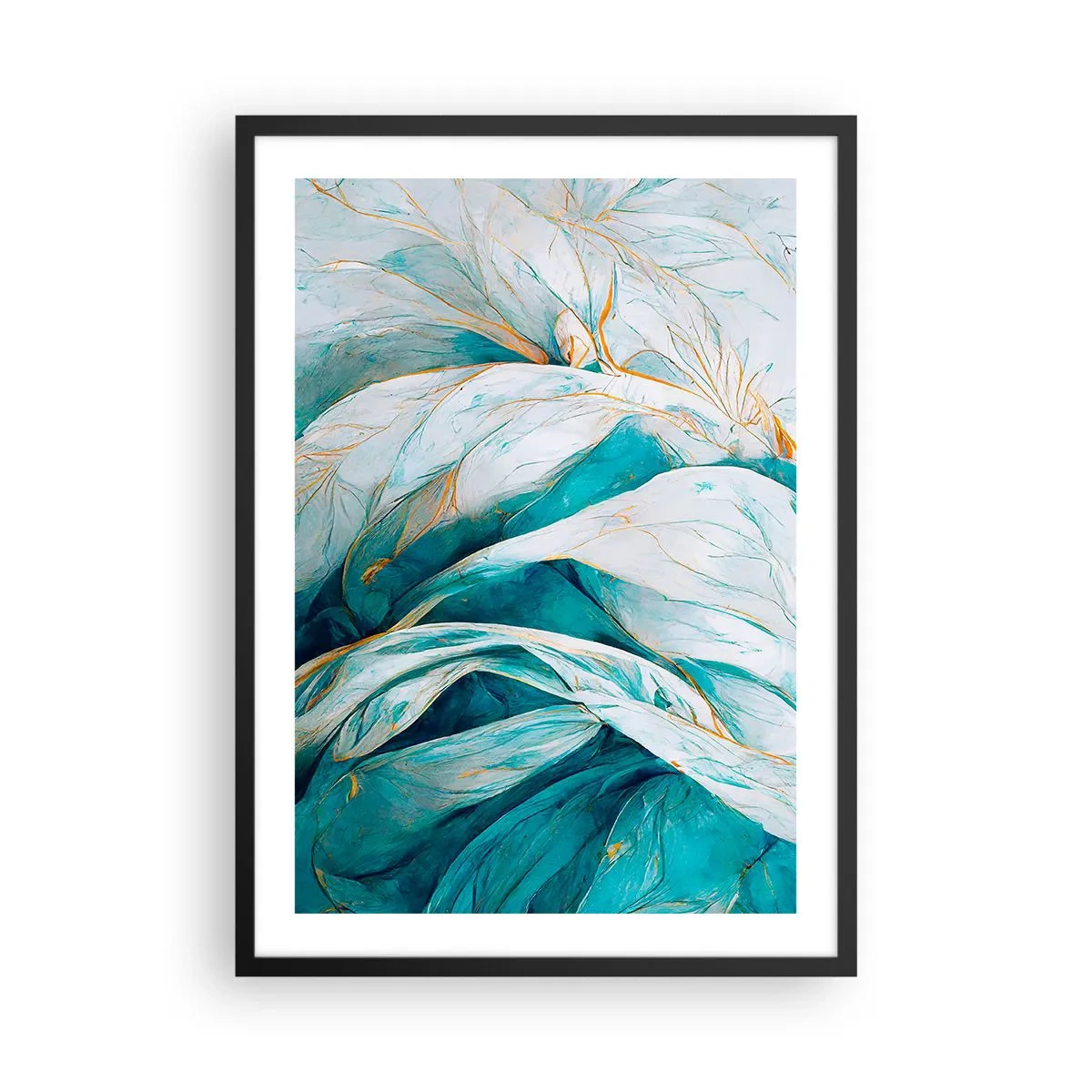 Poster in einem schwarzem Rahmen - Abstrakte Blätter in Türkis- und Weißtönen mit zartem Gold - 50x70cm - Blaue Abstraktion mit goldenem Motiv - Moderne Wanddekoration für Wohnzimmer und Schlafzimmer ARTTOR