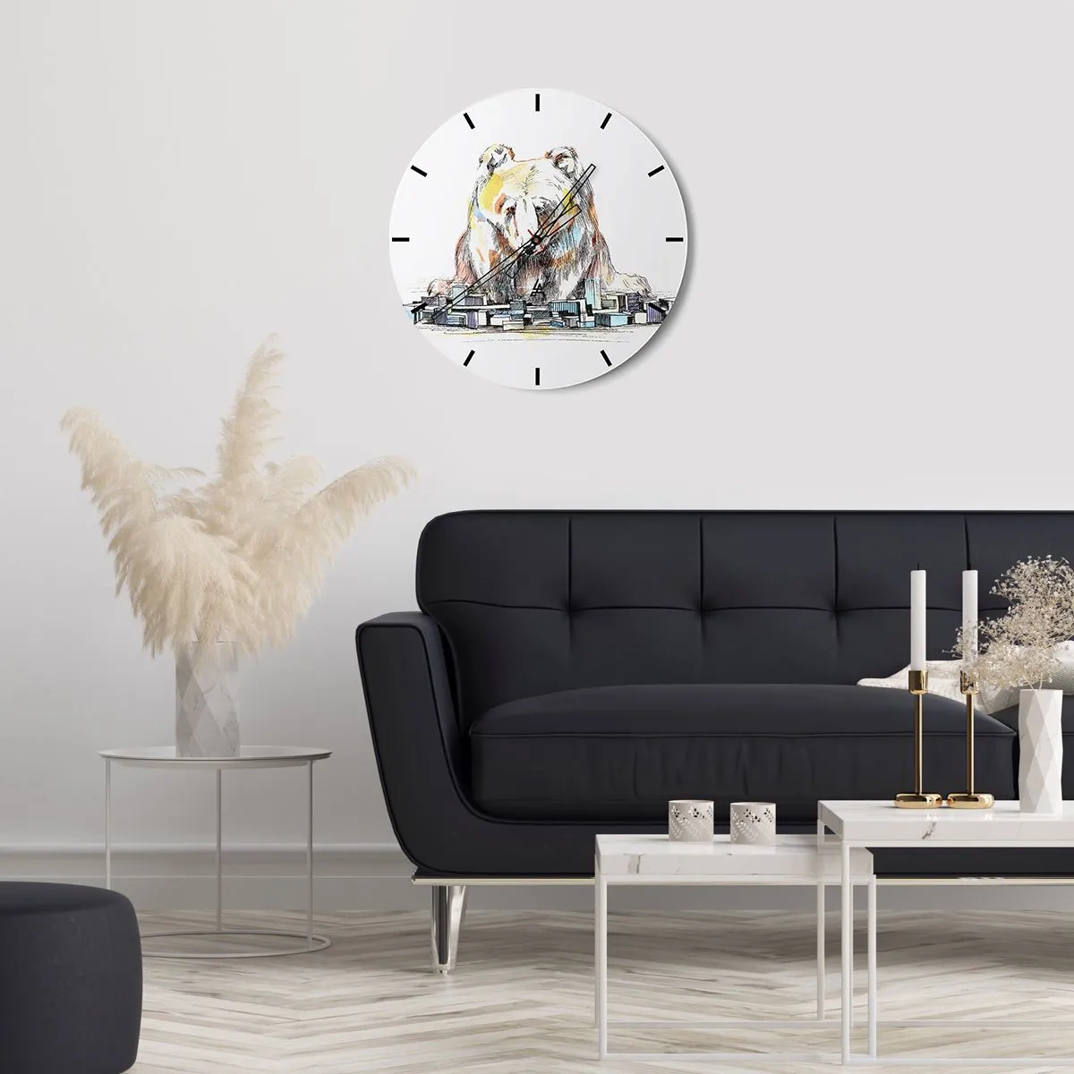 Wanduhr - Glasuhr - Zeichnung eines Bären über einer Stadtlandschaft - 30x30cm - Wie kann man so leben? - Moderne Wanddekoration für Wohnzimmer, Küche und Schlafzimmer ARTTOR