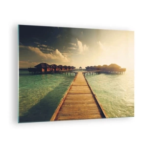 Glasbild - Bild auf glas - Der Pier, der bei Sonnenuntergang zu den Cottages am Wasser führt - 70x50cm - Eine herzliche Einladung - Moderne Wanddekoration für Wohnzimmer und Schlafzimmer ARTTOR