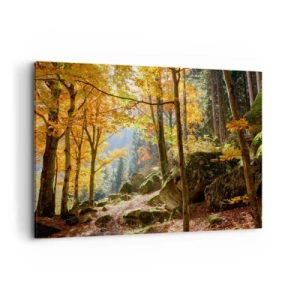 Bild auf Leinwand - Leinwandbild - Ein Herbstwald voller goldener Blätter und Sonnenlicht - 120x80cm - Zeit zum Entspannen - Moderne Wanddekoration für Wohnzimmer und Schlafzimmer ARTTOR