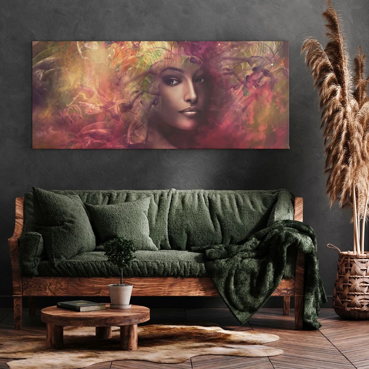 Bild auf Leinwand - Leinwandbild - Eine Frau in abstrakten Farben, die einen dynamischen Hintergrund schafft - 140x50cm - Ich bin hier! - Moderne Wanddekoration für Wohnzimmer und Schlafzimmer ARTTOR