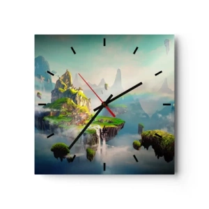 Wanduhr - Glasuhr - Fliegende Inseln zwischen den Wolken mit einem Regenbogen am Horizont - 30x30cm - Mitten am Himmel - glückliche Inseln - Moderne Wanddekoration für Wohnzimmer und Schlafzimmer ARTTOR