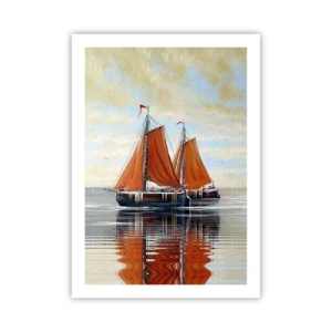 Poster - Segelboote auf ruhigem Wasser mit roten Segeln - 50x70cm - Hey, Segel, Matrose ... - Moderne Wanddekoration für Wohnzimmer und Schlafzimmer ARTTOR