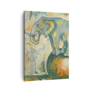 Bild auf Leinwand - Leinwandbild - Ein Elefant, der auf einem Ball balanciert, in einem künstlerischen Stil - 50x70cm - Es lebe der Zirkus! - Moderne Wanddekoration für Wohnzimmer und Schlafzimmer ARTTOR