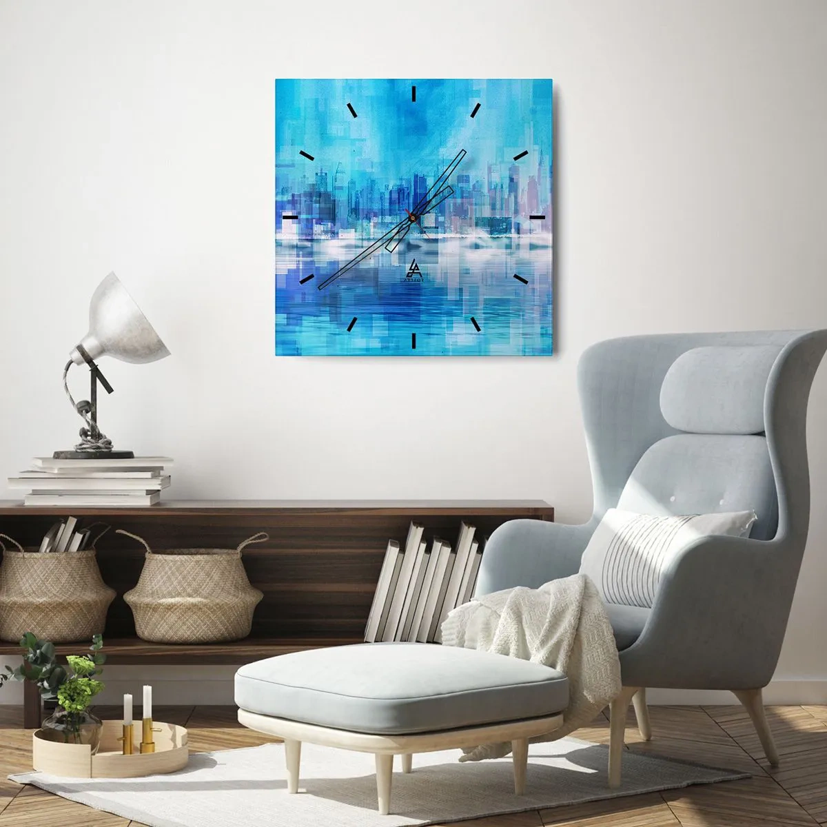 Wanduhr - Glasuhr - Abstraktes Stadtpanorama in Blautönen - 30x30cm - In Blau ertrunken - Moderne Wanddekoration für Wohnzimmer und Schlafzimmer ARTTOR