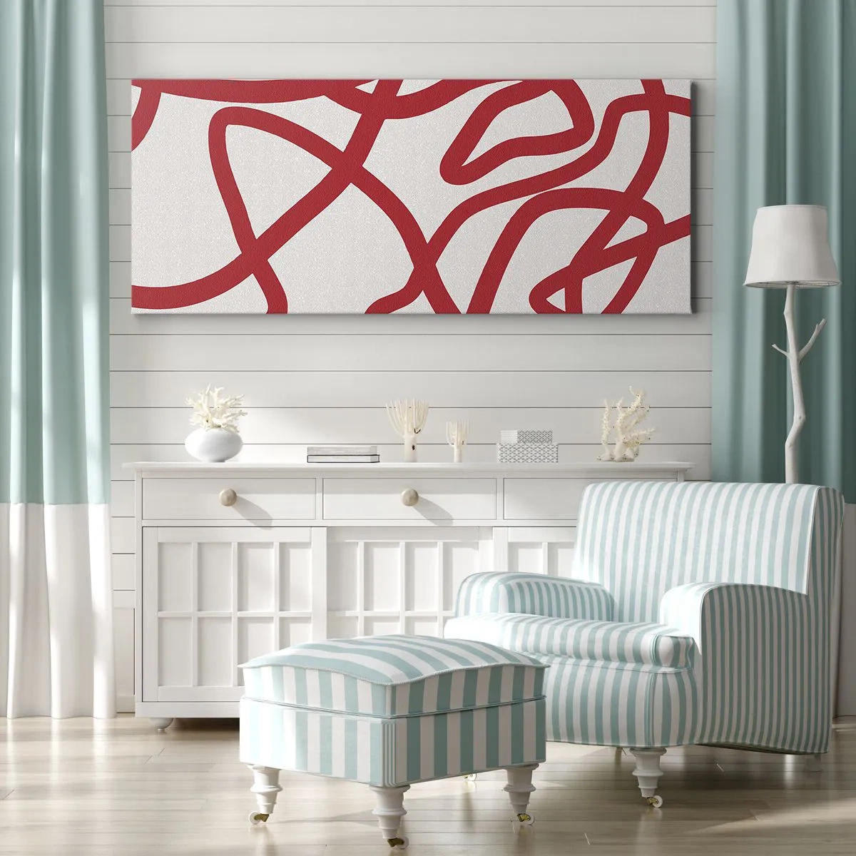 Bild auf Leinwand - Leinwandbild - Rote abstrakte Linien auf weißem Hintergrund - 120x50cm - Rot auf Weiß - Moderne Wanddekoration für Wohnzimmer und Schlafzimmer ARTTOR