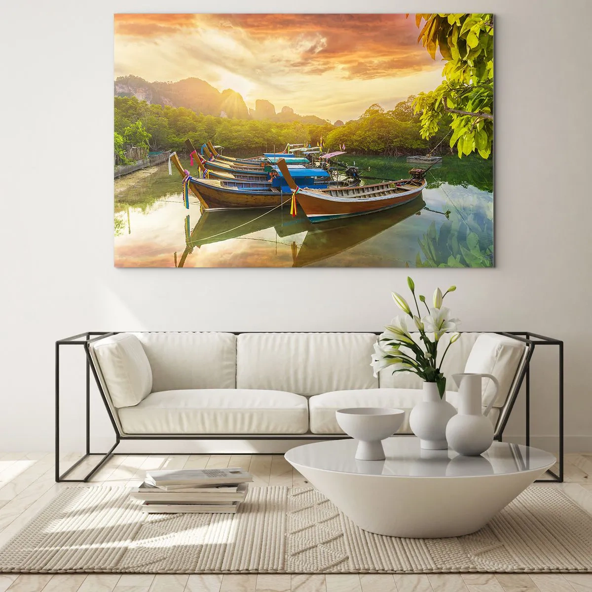 Glasbild - Bild auf glas - Traditionelle Boote in einer tropischen Landschaft bei Sonnenuntergang - 120x80cm - Vor einem anstrengenden Tag - Moderne Wanddekoration für Wohnzimmer und Schlafzimmer ARTTOR