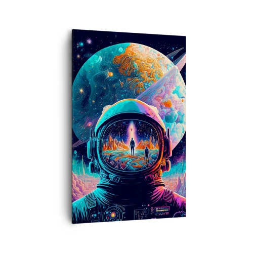 Bild auf Leinwand - Leinwandbild - Astronaut im Weltraum mit einer farbenfrohen Planetenlandschaft - 80x120cm - Philosophen haben nicht davon geträumt - Moderne Wanddekoration für Wohnzimmer und Schlafzimmer ARTTOR