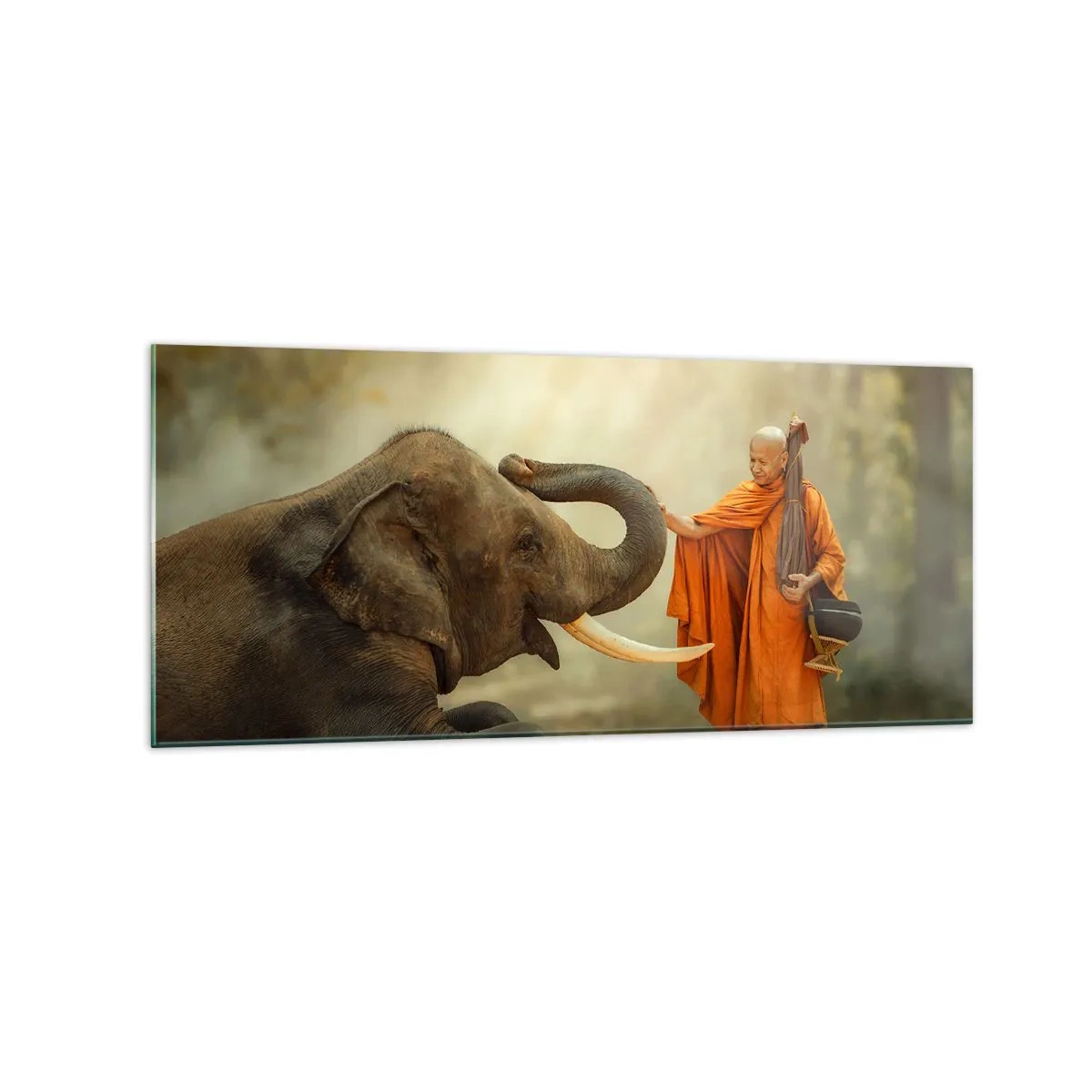 Glasbild - Bild auf glas - Ein Mönch und ein Elefant in Harmonie vor der Kulisse der Natur - 120x50cm - Treffen unterwegs - Moderne Wanddekoration für Wohnzimmer und Schlafzimmer ARTTOR