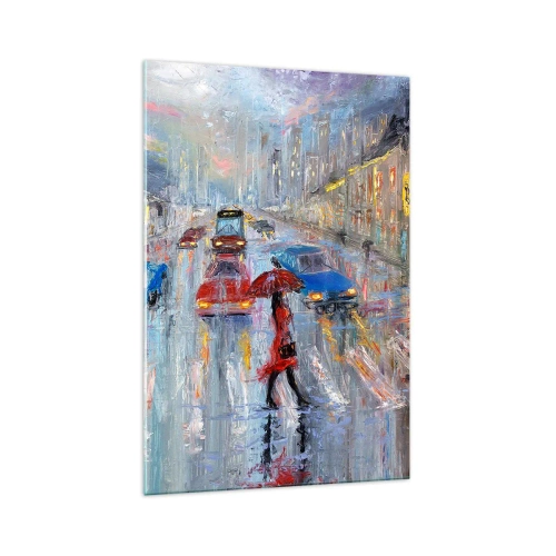 Glasbild - Bild auf glas - Eine Frau mit einem Regenschirm auf einer verregneten Straße im Neonlicht. - 70x100cm - Regnerischer Nachmittag in der Stadt - Moderne Wanddekoration für Wohnzimmer und Schlafzimmer ARTTOR
