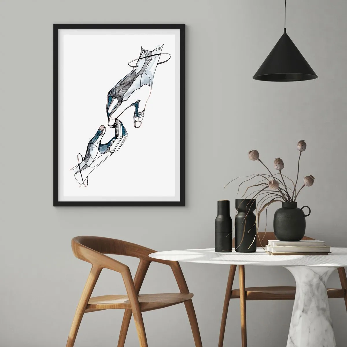 Poster in einem schwarzem Rahmen - Abstrakte Hände in einer künstlerischen Komposition aus Linien und Farben - 50x70cm - Eine gute Geste - Moderne Wanddekoration für Wohnzimmer und Schlafzimmer ARTTOR