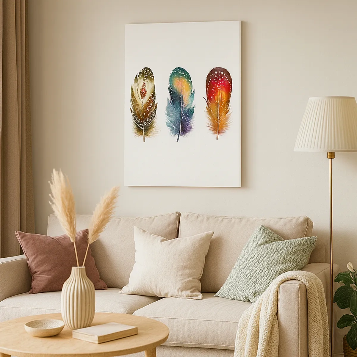 Bild auf Leinwand - Leinwandbild - Drei bunte Federn mit kunstvollen Mustern auf hellem Hintergrund - 50x70cm - Rituale, Zeremonien, Geheimnisse - Moderne Wanddekoration für Wohnzimmer und Schlafzimmer ARTTOR