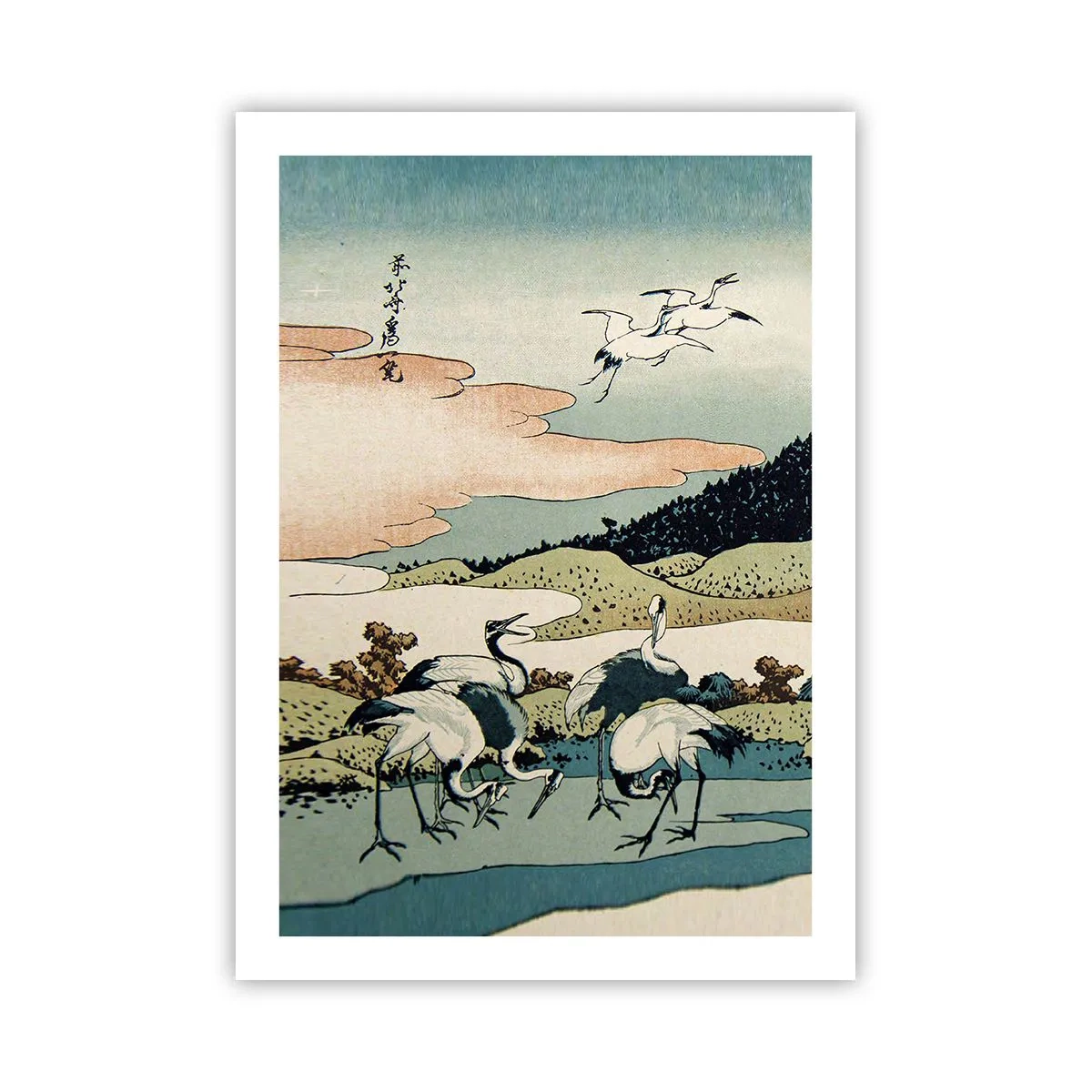 Poster - Traditionelles japanisches Kunstwerk mit Kranichen in einer natürlichen Landschaft - 50x70cm - Im japanischen Geist - Moderne Wanddekoration für Wohnzimmer und Schlafzimmer ARTTOR