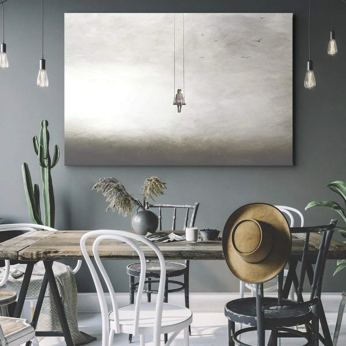 Bild auf Leinwand - Leinwandbild - Eine Figur auf einer Schaukel, die im Raum schwebt - 100x70cm - Ein Kind in uns - Moderne Wanddekoration für Wohnzimmer und Schlafzimmer ARTTOR