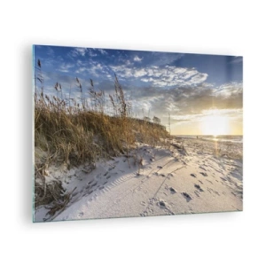 Glasbild - Bild auf glas - Sandstrand bei Sonnenuntergang mit Gräsern an der Düne - 70x50cm - Einladung zu einem Spaziergang - Moderne Wanddekoration für Wohnzimmer und Schlafzimmer ARTTOR