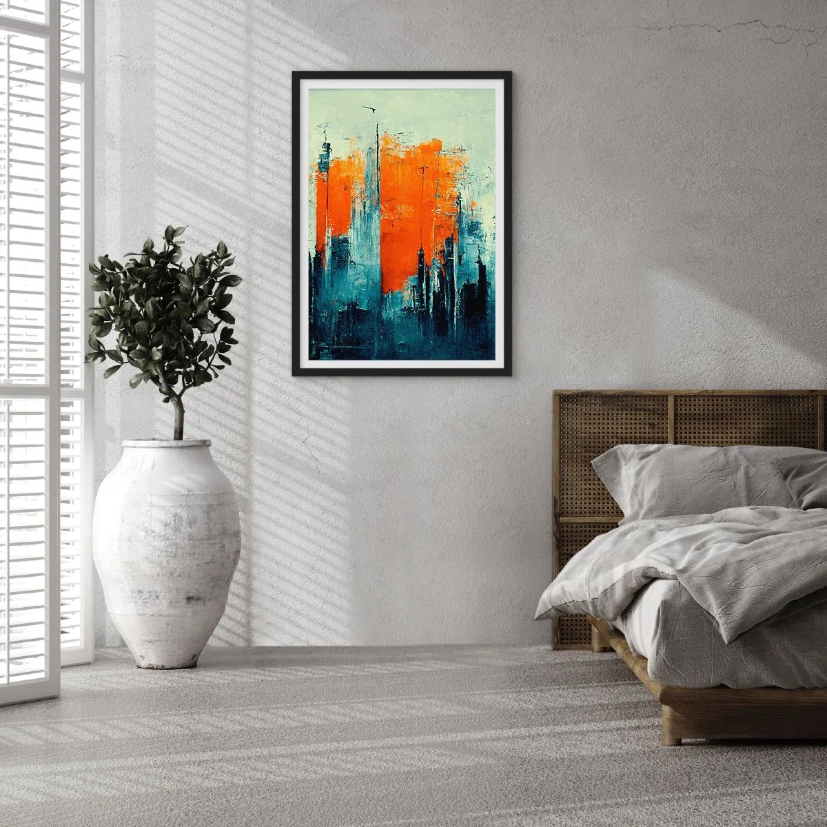 Poster in einem schwarzem Rahmen - Abstraktes Stadtpanorama in Orange- und Marineblautönen - 50x70cm - Moderne Landschaft - Moderne Wanddekoration für Wohnzimmer und Schlafzimmer ARTTOR