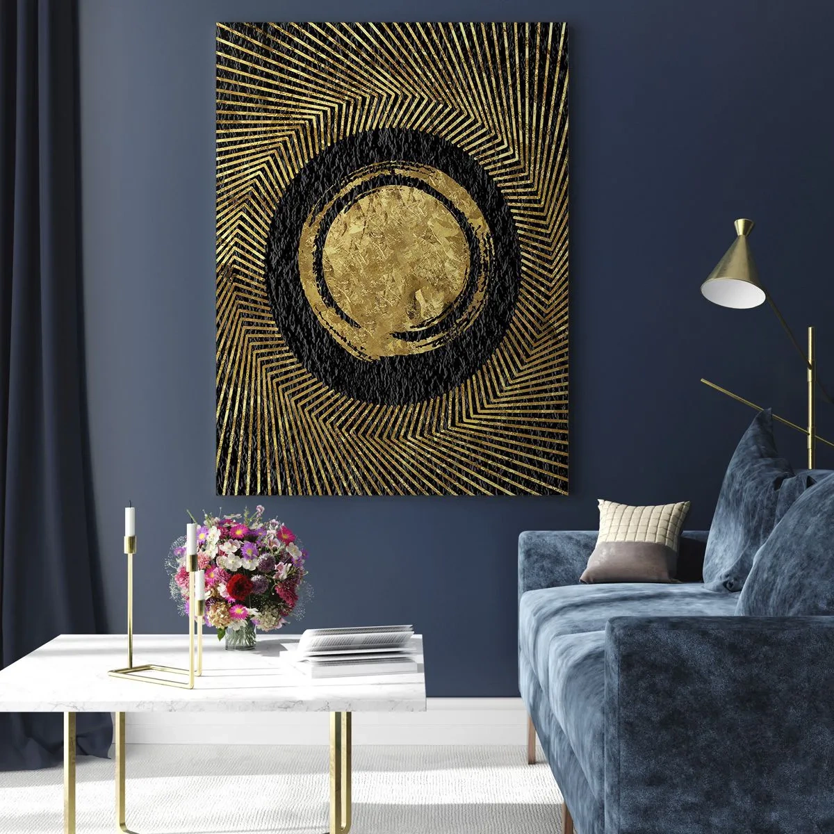 Glasbild - Bild auf glas - Goldener Kreis mit Strahlen auf schwarzem Hintergrund im glamourösen Stil - 50x70cm - Glamour-Komposition - Moderne Wanddekoration für Wohnzimmer und Schlafzimmer ARTTOR