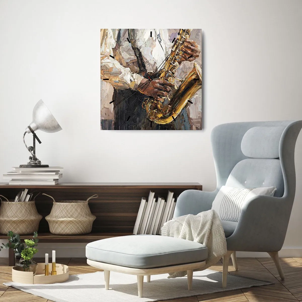 Wanduhr - Glasuhr - Ein Musiker, der Saxophon in einem künstlerischen Stil spielt - 30x30cm - Zeit fürs Solo - Moderne Wanddekoration für Wohnzimmer und Schlafzimmer ARTTOR