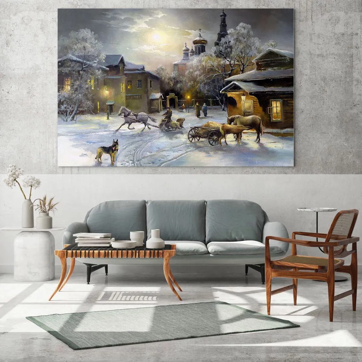 Glasbild - Bild auf glas - Winterliche Stadtlandschaft im Mondlicht - 70x50cm - Die Magie des russischen Winters - Moderne Wanddekoration für Wohnzimmer und Schlafzimmer ARTTOR