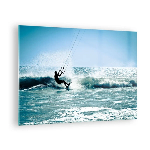 Glasbild - Bild auf glas - Kitesurfer auf den Wellen des Ozeans an einem sonnigen Tag - 70x50cm - Hinreißen lassen - Moderne Wanddekoration für Wohnzimmer und Schlafzimmer ARTTOR