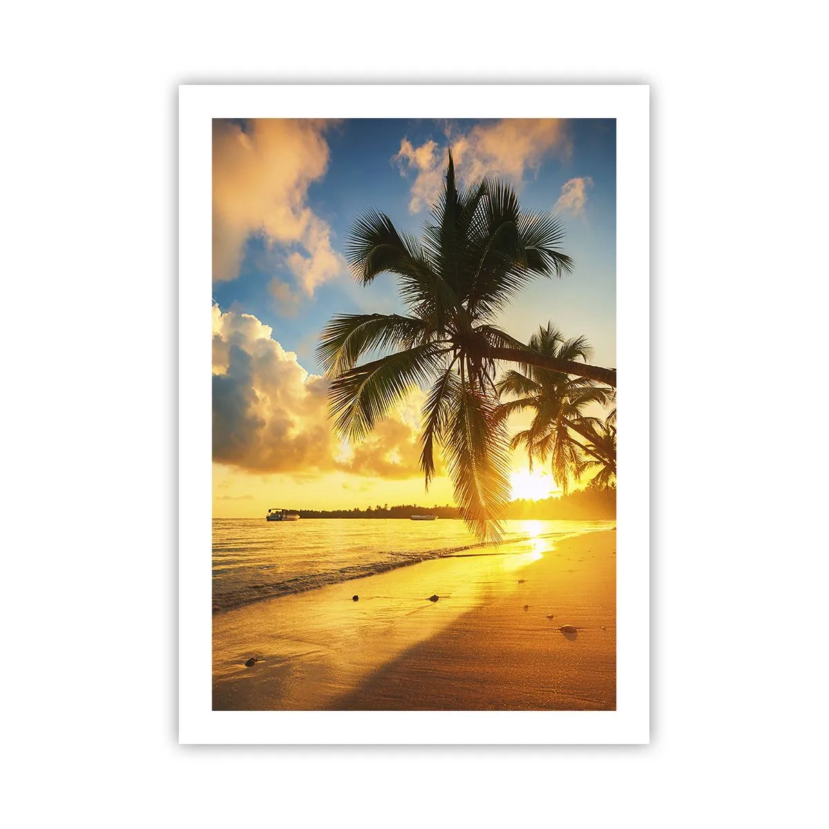 Poster - Tropischer Strand bei Sonnenuntergang mit Palmen - 50x70cm - Karibischer Traum - Moderne Wanddekoration für Wohnzimmer und Schlafzimmer ARTTOR