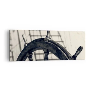 Bild auf Leinwand - Leinwandbild - Ein Segelruder im Retro-Stil mit einem Schiff im Hintergrund - 140x50cm - Meeresgeschichten - Moderne Wanddekoration für Wohnzimmer und Schlafzimmer ARTTOR