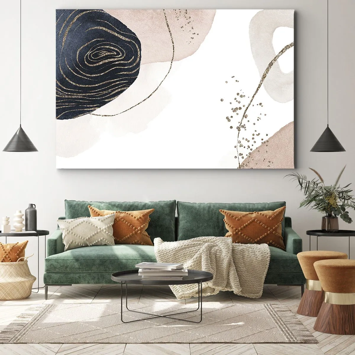 Bild auf Leinwand - Leinwandbild - Abstrakte Formen in Beige- und Marineblautönen mit goldenen Details - 70x50cm - Alles fließt - Moderne Wanddekoration für Wohnzimmer und Schlafzimmer ARTTOR