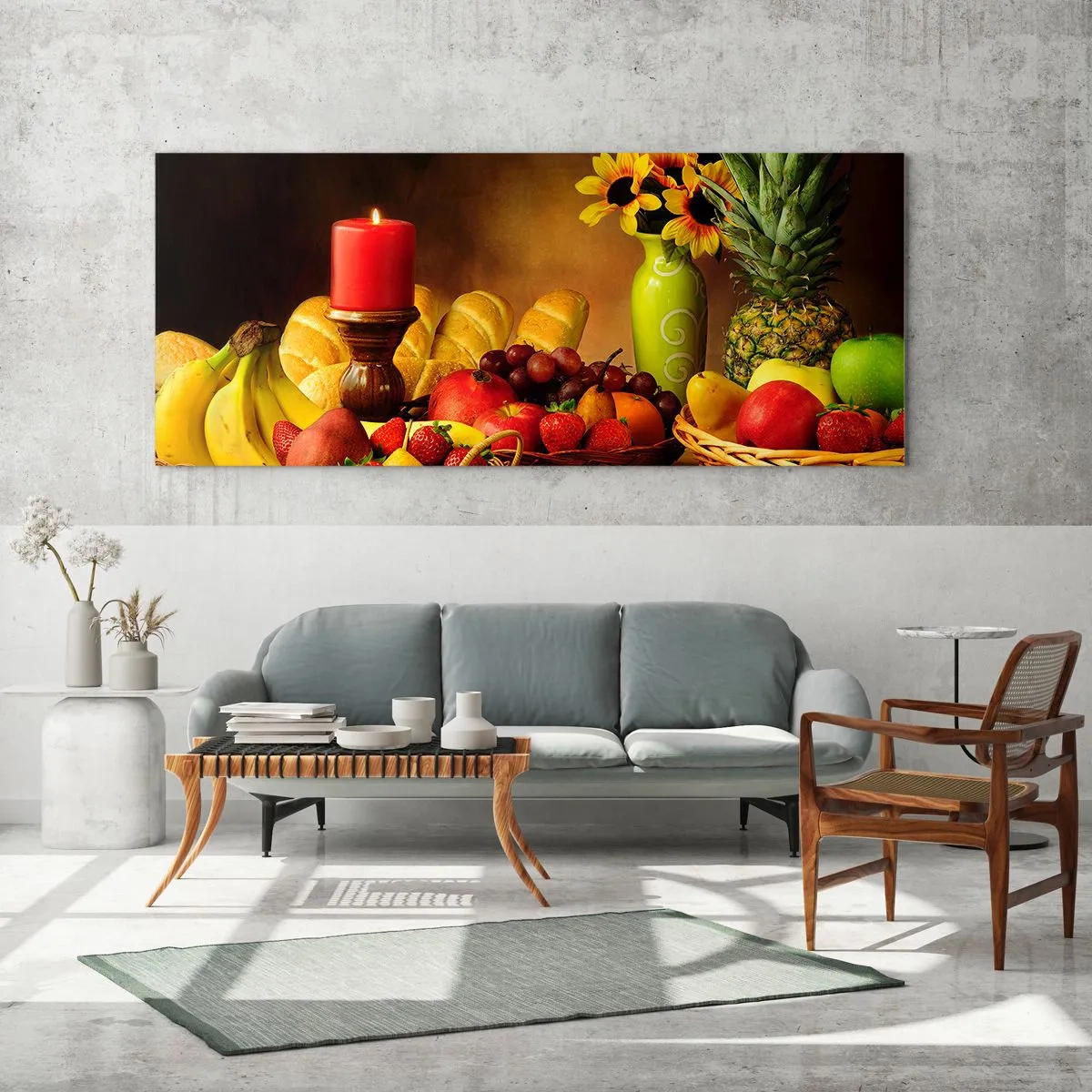 Glasbild - Bild auf glas - Stillleben mit Früchten, Brot, Kerze und Blumen - 120x50cm - Stillleben mit Brot und Obst - Moderne Wanddekoration für Wohnzimmer und Schlafzimmer ARTTOR