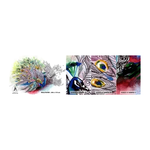 Fototapeten Muster Selbstklebend Deluxe Sticker - Mit Stolz gegen Grau - Vogel, Pfau, Gefieder - 100x30 cm