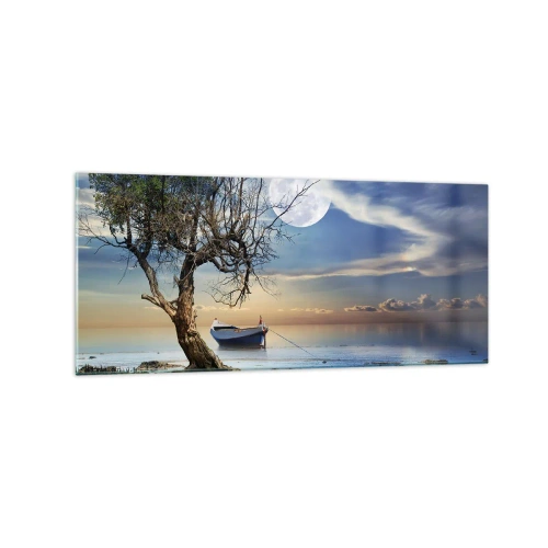 Glasbild - Bild auf glas - Ein einsamer Baum und ein Boot auf ruhigem Wasser unter Vollmond. - 120x50cm - Ist das das Ende oder der Anfang? - Moderne Wanddekoration für Wohnzimmer und Schlafzimmer ARTTOR