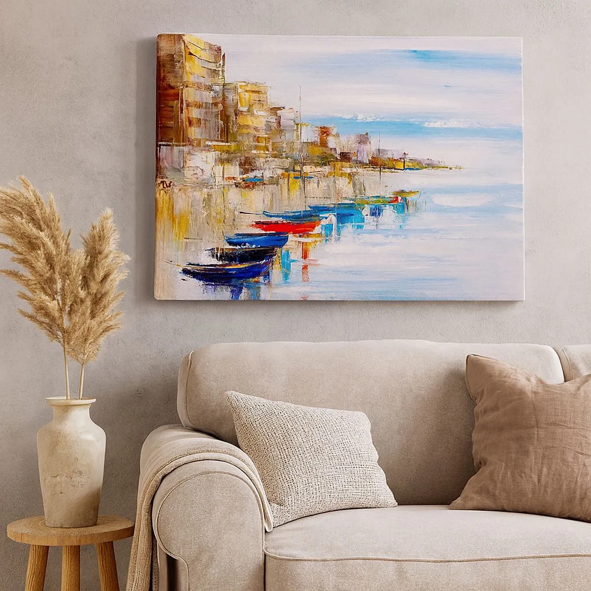 Bild auf Leinwand - Leinwandbild - Bunte Boote am Ufer mit Blick auf die Skyline der Stadt - 70x50cm - Bunte urbane Oase - Moderne Wanddekoration für Wohnzimmer und Schlafzimmer ARTTOR
