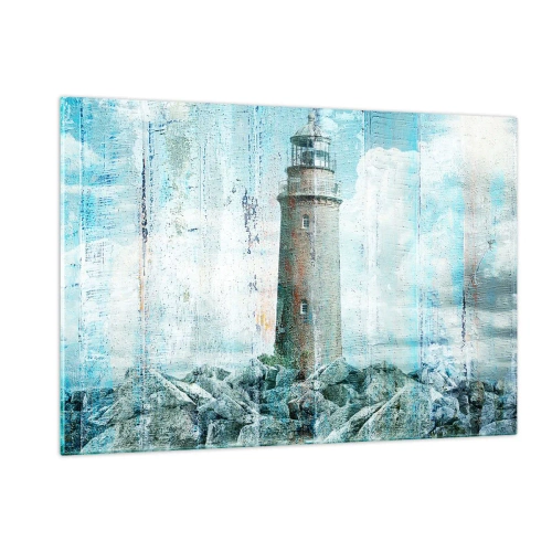 Glasbild - Bild auf glas - Vintage Leuchtturm mit Wolken im Hintergrund - 120x80cm - Auf altem Holz - Moderne Wanddekoration für Wohnzimmer und Schlafzimmer ARTTOR