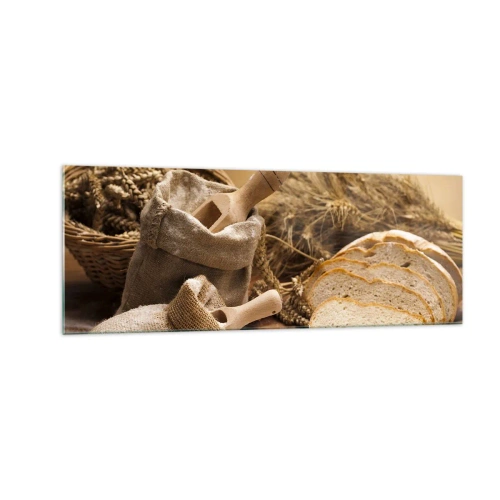 Glasbild - Bild auf glas - Eine Landschaft mit Brot, Mehl und Ähren im rustikalen Stil. - 140x50cm - Wie mit einem Messer geschnitten - Moderne Wanddekoration für Wohnzimmer und Schlafzimmer ARTTOR