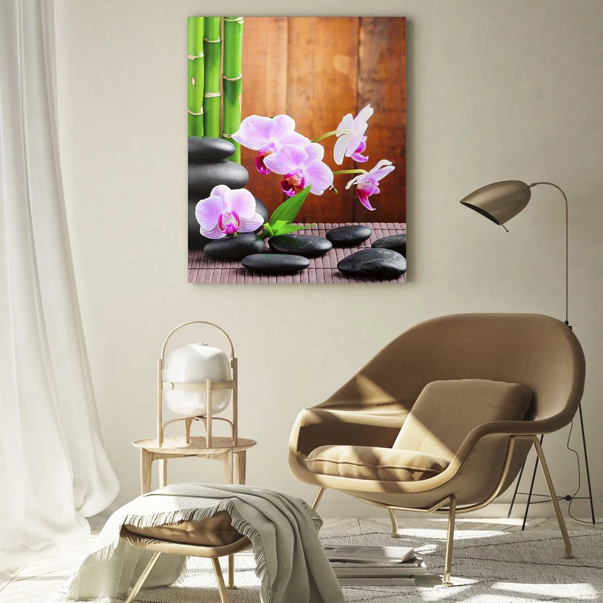 Glasbild - Bild auf glas - Bambus, Steine und rosa Orchideen im Zen-Stil auf Holzhintergrund - 70x100cm - Treffen Sie die Freuden des Ostens - Moderne Wanddekoration für Wohnzimmer und Schlafzimmer ARTTOR