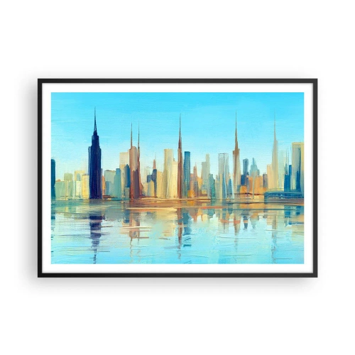 Poster in einem schwarzem Rahmen - Ein Panorama der Stadt in warmen Farben mit Spiegelung im Wasser - 100x70cm - Sonnige Metropole - Moderne Wanddekoration für Wohnzimmer und Schlafzimmer ARTTOR